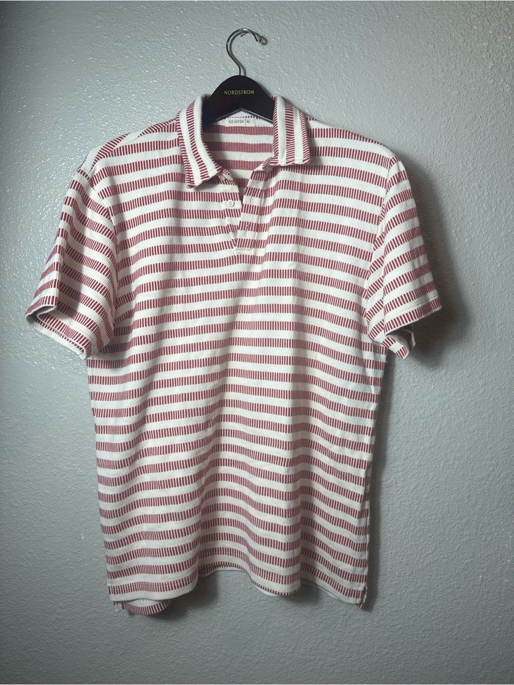Gustin Men’sXL Red Cream Striped Polo Shirt 100% Cotton Made in USA Short Sleeve